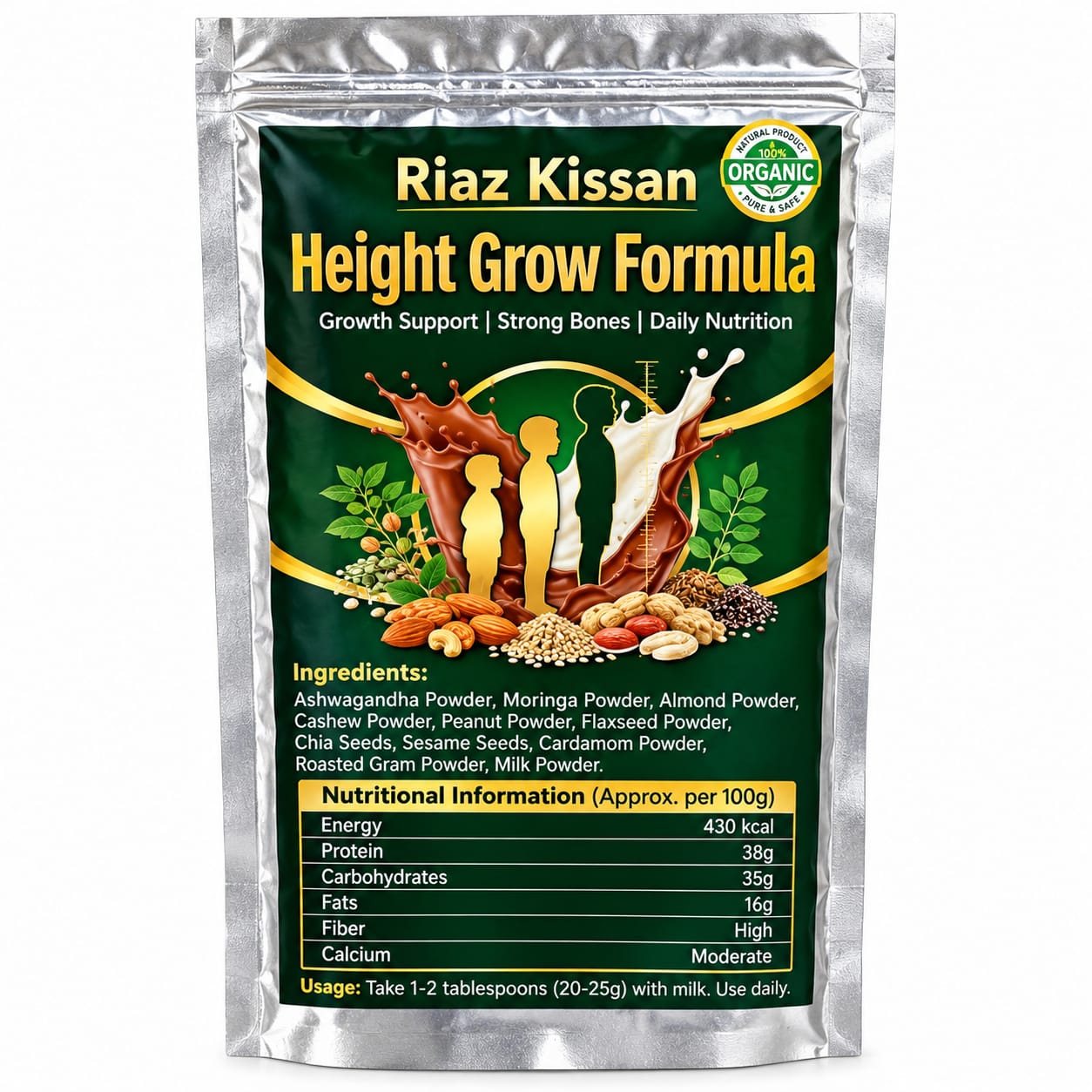 RiazKissan Height Grow Formula nutritional powder packaging with herbs, nuts and seeds